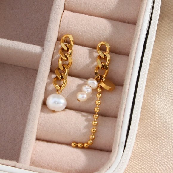 Asymmetrical Dainty Drop‎ Pearl Earrings 18K Gold Plated Stainless Steel - Picture 3 of 11